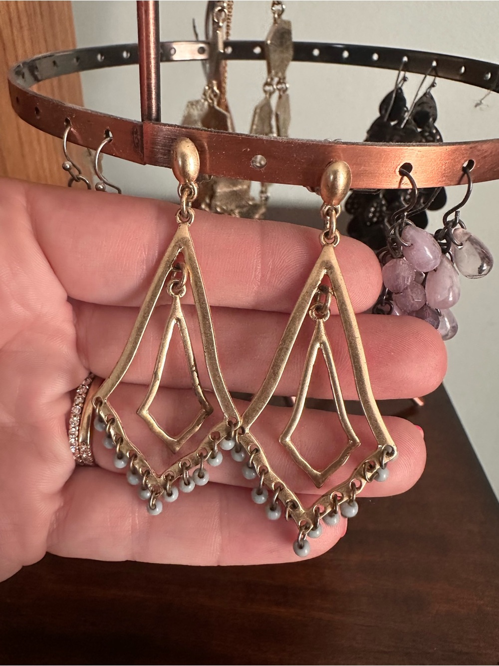 Lia Sophia Gold-Tone Open Geometric Dangle Earrings with turquoise Blue Beads